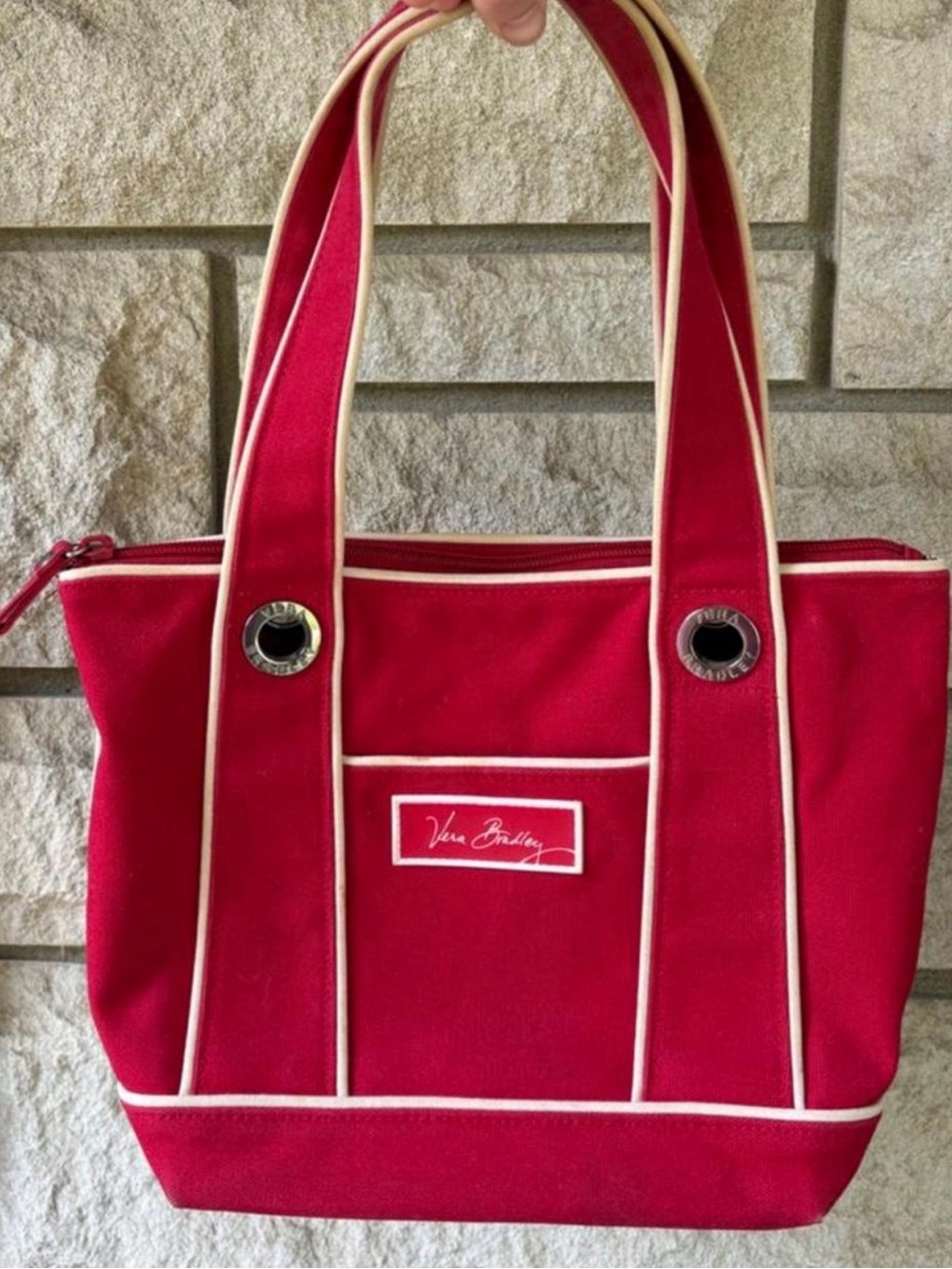 Rare Vera Bradley Red Canvas Tote with White Piping & Floral Interior